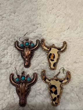 Turquoise Accent and Leopard Print Bull Skull Earrings - Western Statement